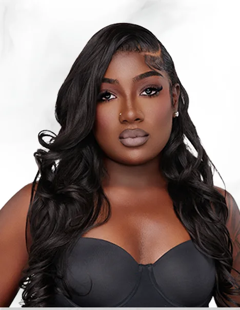 A model wearing long, wavy natural black hair
